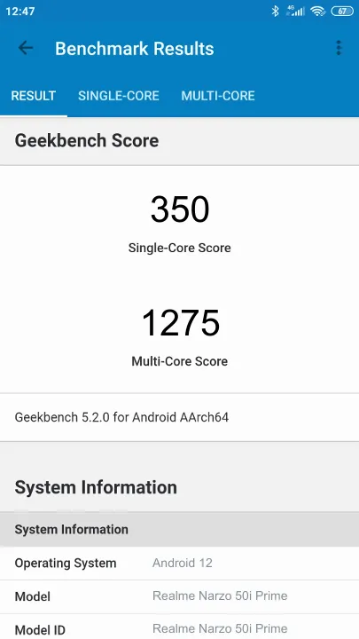 Realme Narzo 50i Prime 3/32Gb Geekbench Benchmark результаты теста (score / баллы)