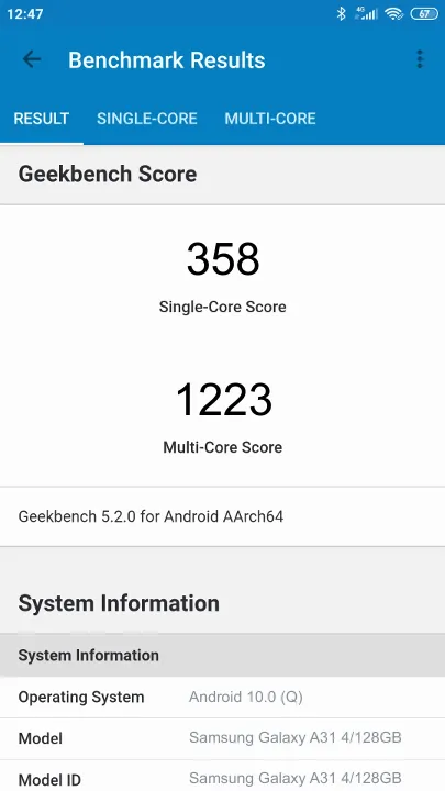 Samsung Galaxy A31 4/128GB Geekbench Benchmark результаты теста (score / баллы)