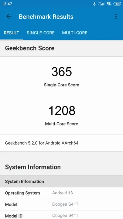 Doogee S41T Geekbench Benchmark результаты теста (score / баллы)