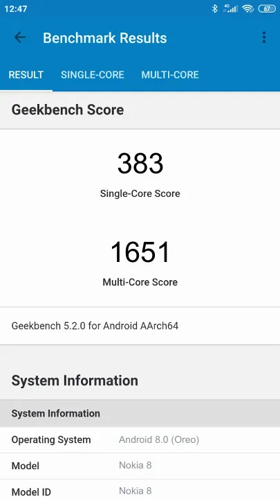 Nokia 8 Geekbench Benchmark результаты теста (score / баллы)