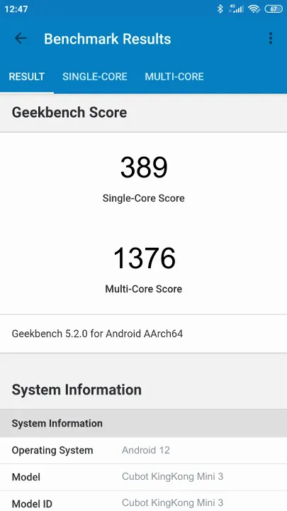 Cubot KingKong Mini 3 Geekbench Benchmark результаты теста (score / баллы)