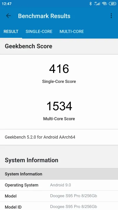 Doogee S95 Pro 8/256Gb Geekbench Benchmark результаты теста (score / баллы)