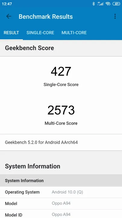 Oppo A94 Geekbench Benchmark результаты теста (score / баллы)