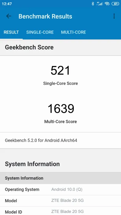 ZTE Blade 20 5G Geekbench Benchmark результаты теста (score / баллы)