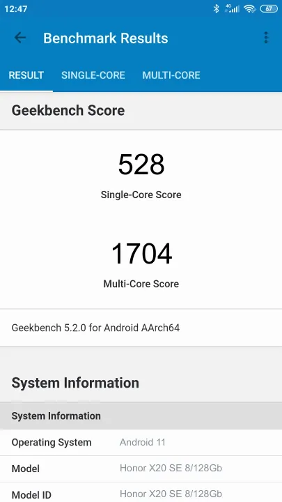 Honor X20 SE 8/128Gb Geekbench Benchmark результаты теста (score / баллы)