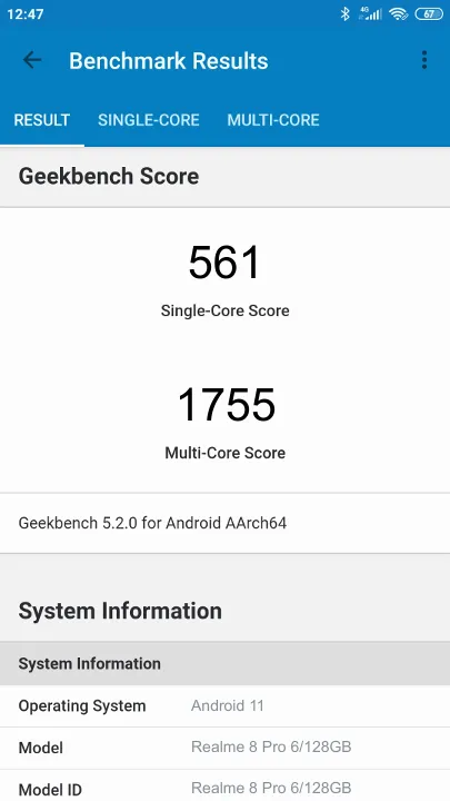 Realme 8 Pro 6/128GB Geekbench Benchmark результаты теста (score / баллы)