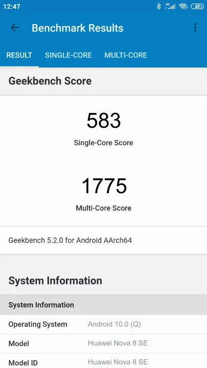 Huawei Nova 8 SE Geekbench Benchmark результаты теста (score / баллы)