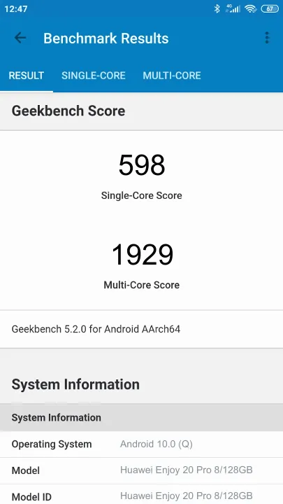 Huawei Enjoy 20 Pro 8/128GB Geekbench Benchmark результаты теста (score / баллы)