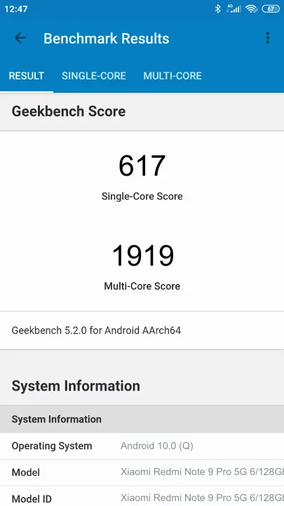Xiaomi Redmi Note 9 Pro 5G 6/128Gb Geekbench Benchmark результаты теста (score / баллы)