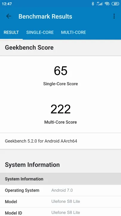 Ulefone S8 Lite Geekbench Benchmark результаты теста (score / баллы)