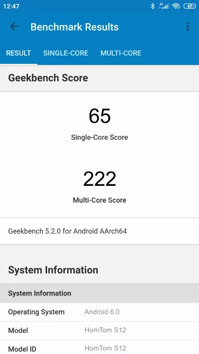 HomTom S12 Geekbench Benchmark результаты теста (score / баллы)