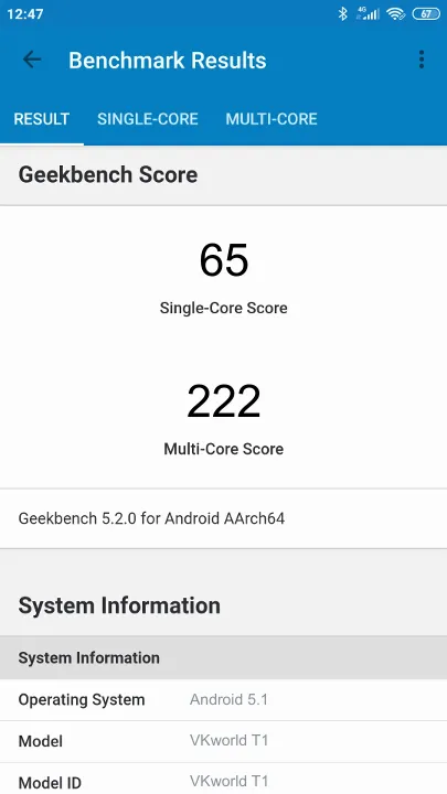 VKworld T1 Geekbench Benchmark результаты теста (score / баллы)