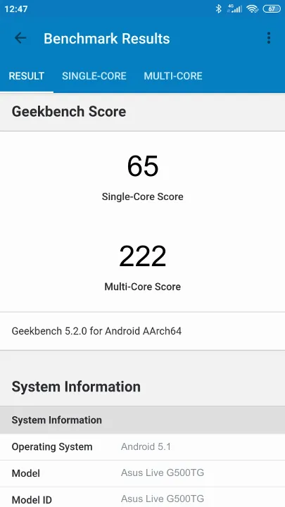 Asus Live G500TG Geekbench Benchmark результаты теста (score / баллы)