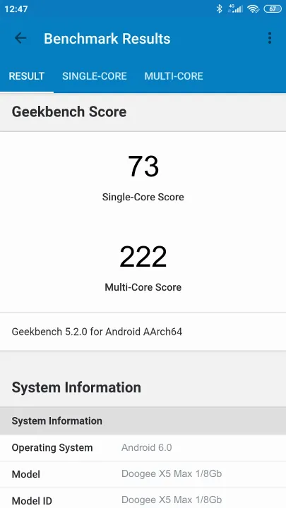 Doogee X5 Max 1/8Gb Geekbench Benchmark результаты теста (score / баллы)