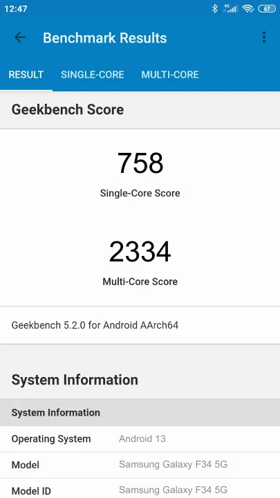 Samsung Galaxy F34 5G Geekbench Benchmark результаты теста (score / баллы)