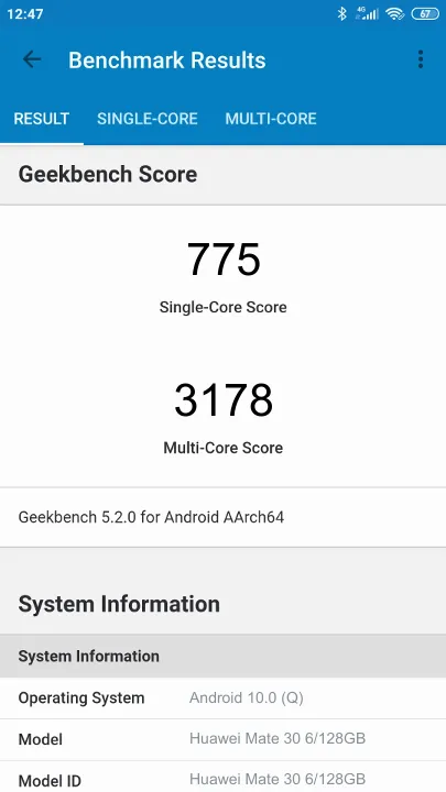 Huawei Mate 30 6/128GB Geekbench Benchmark результаты теста (score / баллы)