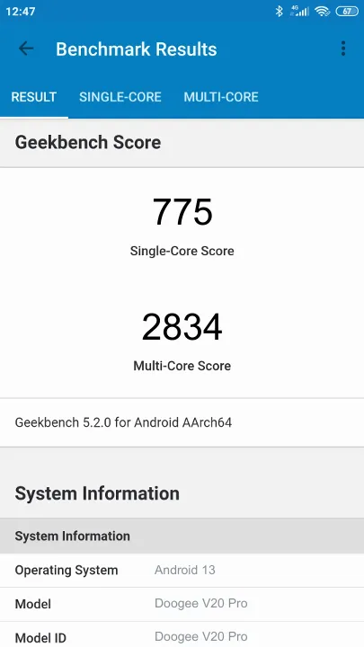 Doogee V20 Pro Geekbench Benchmark результаты теста (score / баллы)