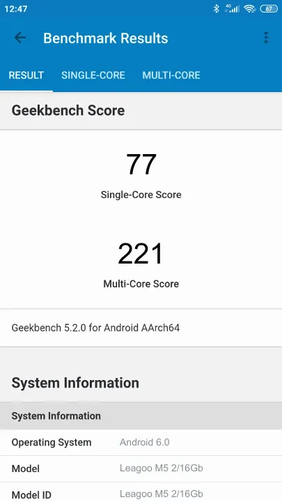 Leagoo M5 2/16Gb Geekbench Benchmark результаты теста (score / баллы)
