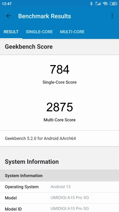 UMIDIGI A15 Pro 5G Geekbench Benchmark результаты теста (score / баллы)