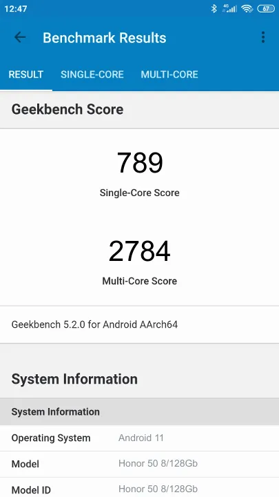 Honor 50 8/128Gb Geekbench Benchmark результаты теста (score / баллы)