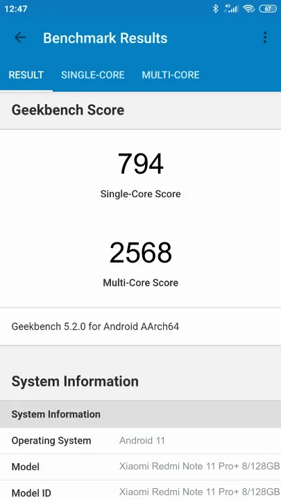 Xiaomi Redmi Note 11 Pro+ 8/128GB Geekbench Benchmark результаты теста (score / баллы)