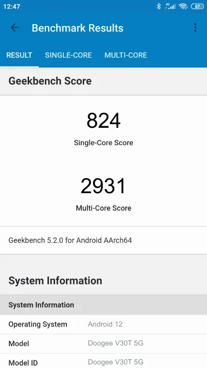 Doogee V30T 5G Geekbench Benchmark результаты теста (score / баллы)