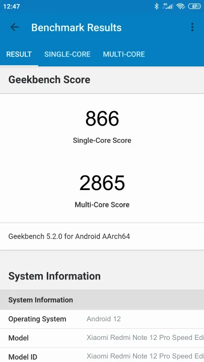 Xiaomi Redmi Note 12 Pro Speed Edition 8/256GB Geekbench Benchmark результаты теста (score / баллы)