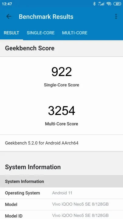 Vivo iQOO Neo5 SE 8/128GB Geekbench Benchmark результаты теста (score / баллы)