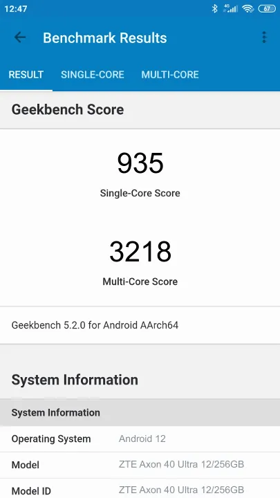 ZTE Axon 40 Ultra 12/256GB Geekbench Benchmark результаты теста (score / баллы)