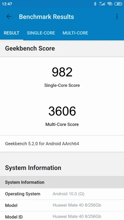 Huawei Mate 40 8/256Gb Geekbench Benchmark результаты теста (score / баллы)