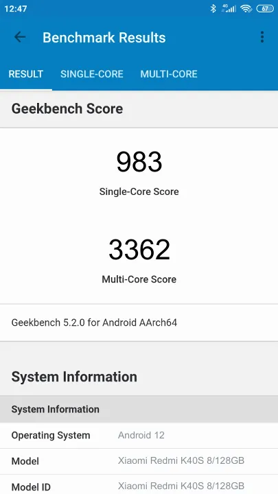 Xiaomi Redmi K40S 8/128GB Geekbench Benchmark результаты теста (score / баллы)