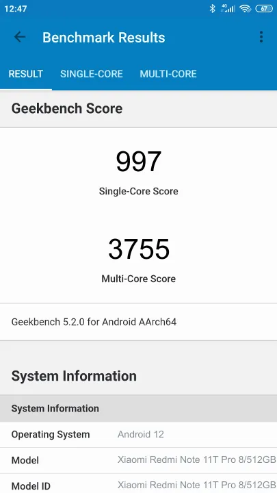 Xiaomi Redmi Note 11T Pro 8/512GB Geekbench Benchmark результаты теста (score / баллы)