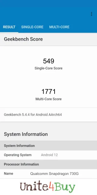 Qualcomm Snapdragon 730G Geekbench Benchmark результаты теста (score / баллы)