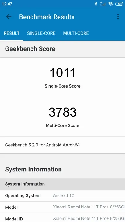 Xiaomi Redmi Note 11T Pro+ 8/256Gb Geekbench Benchmark результаты теста (score / баллы)