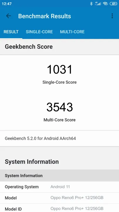 Oppo Reno6 Pro+ 12/256GB Geekbench Benchmark результаты теста (score / баллы)