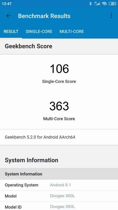 Doogee X60L Geekbench Benchmark результаты теста (score / баллы)