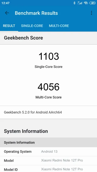 Xiaomi Redmi Note 12T Pro Geekbench Benchmark результаты теста (score / баллы)