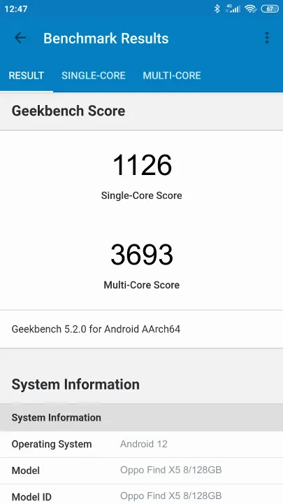 Oppo Find X5 8/128GB Geekbench Benchmark результаты теста (score / баллы)