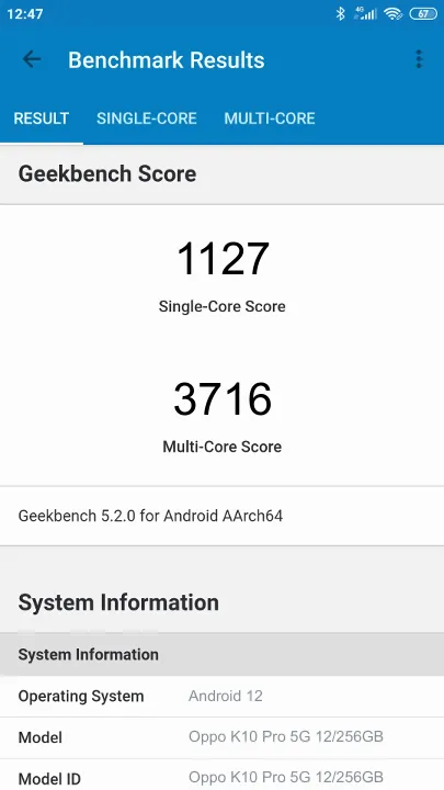 Oppo K10 Pro 5G 12/256GB Geekbench Benchmark результаты теста (score / баллы)