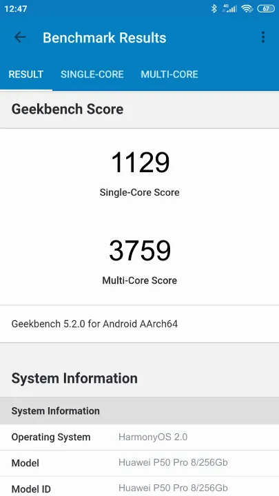 Huawei P50 Pro 8/256Gb Geekbench Benchmark результаты теста (score / баллы)