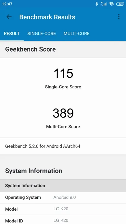 LG K20 Geekbench Benchmark результаты теста (score / баллы)