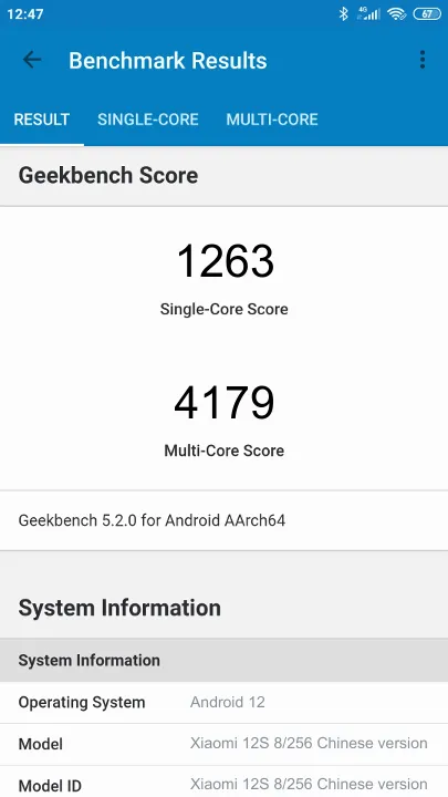 Xiaomi 12S 8/256 Chinese version Geekbench Benchmark результаты теста (score / баллы)