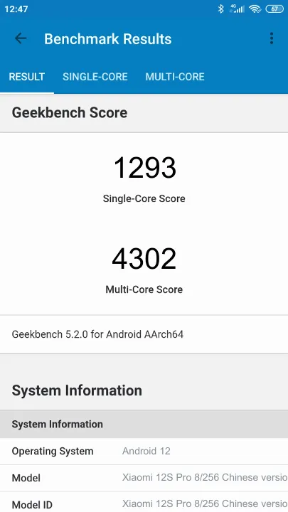Xiaomi 12S Pro 8/256 Chinese version Geekbench Benchmark результаты теста (score / баллы)