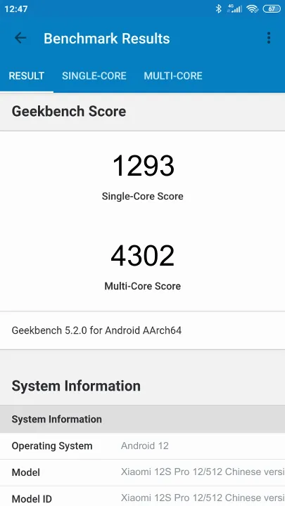 Xiaomi 12S Pro 12/512 Chinese version Geekbench Benchmark результаты теста (score / баллы)