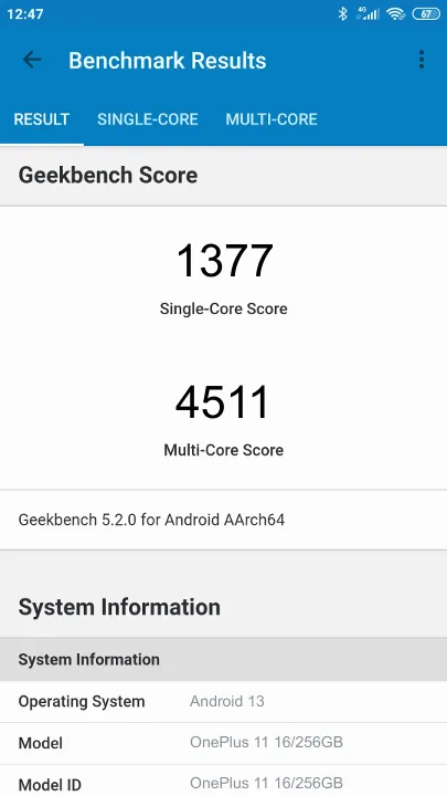 OnePlus 11 16/256GB Geekbench Benchmark результаты теста (score / баллы)