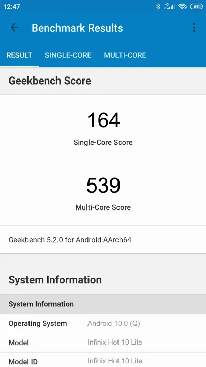 Infinix Hot 10 Lite Geekbench Benchmark результаты теста (score / баллы)