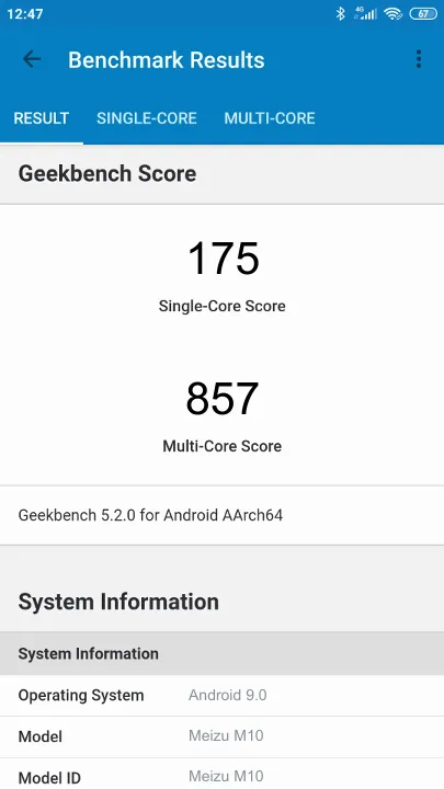 Meizu M10 Geekbench Benchmark результаты теста (score / баллы)