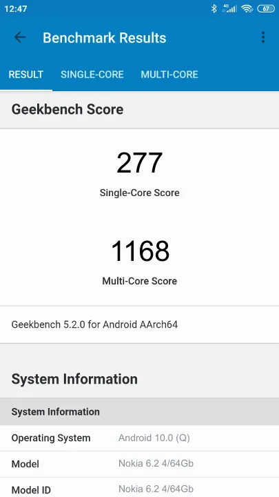 Nokia 6.2 4/64Gb Geekbench Benchmark результаты теста (score / баллы)