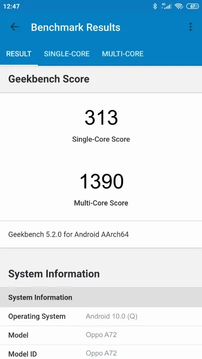 Oppo A72 Geekbench Benchmark результаты теста (score / баллы)