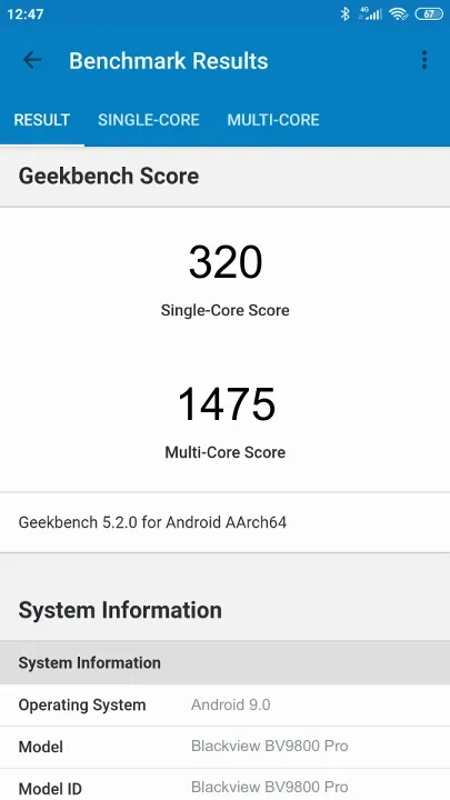 Blackview BV9800 Pro Geekbench Benchmark результаты теста (score / баллы)